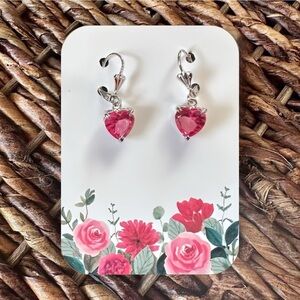New Silver-Tone Rose/Dark Pink Heart-Shaped Lever-Back Dangle Earrings